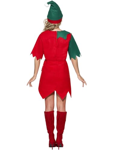Smiffys Women's Elf Costume - Festive Tunic with Bells and Hat, Red/Green, Small 3