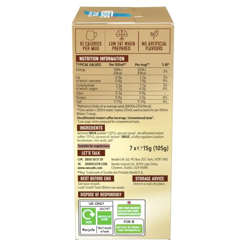 NESCAFÉ Cappuccino Decaf Instant Coffee 7 Sachets - 100% Responsibly Sourced