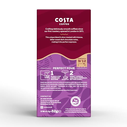 Costa Dark Intense Roast Aluminium Coffee Pods (Pack of 10, 100 Total) - Fortuna Model - Compatible with NespressoⓇ* Original & L’OR Barista 10