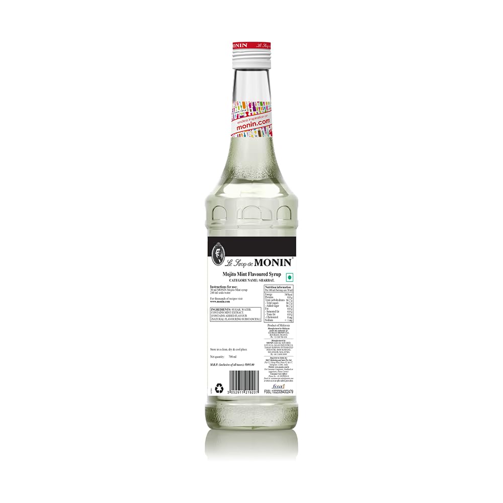 MONIN Mojito Mint Syrup 700ml - Natural Flavouring, Vegan, Halal, Kosher - for Cocktails, Mocktails, Lemonades