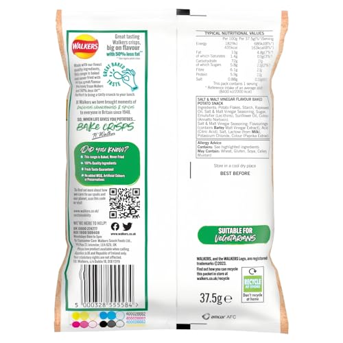 Walkers Baked Salt & Vinegar Crisps 32 x 37.5g - 50% Less Fat Snacks 7
