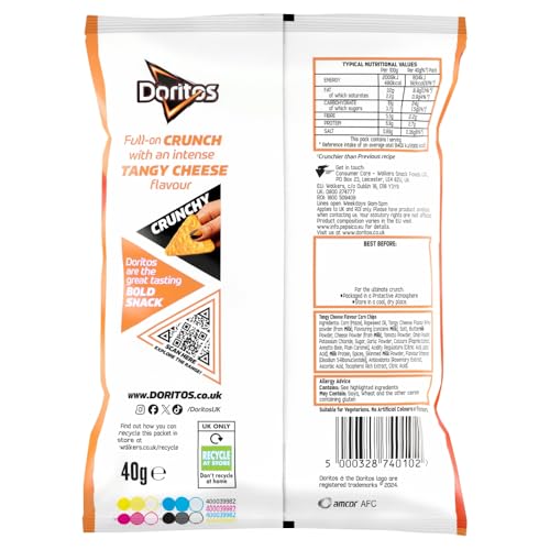 Doritos Tangy Cheese Tortilla Chips, 40g (Case of 32) - Bold Flavour, Vegetarian Crisps 10
