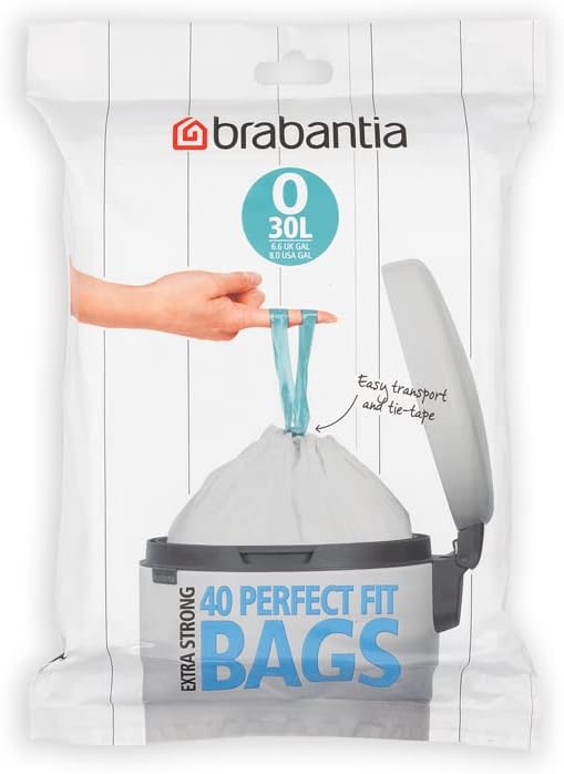 Brabantia PerfectFit Bin Liners Size O/30 Litre - Thick Plastic Trash Bags with Tie-Tape Handles (40 Pack)