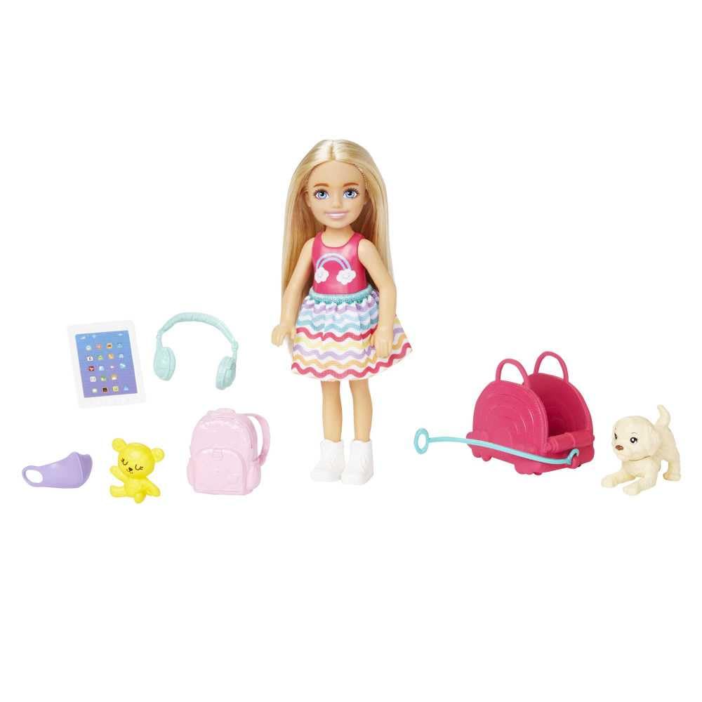 Barbie Chelsea Small Doll & 6 Accessories Travel Set with Puppy, Blonde Hair, HJY17