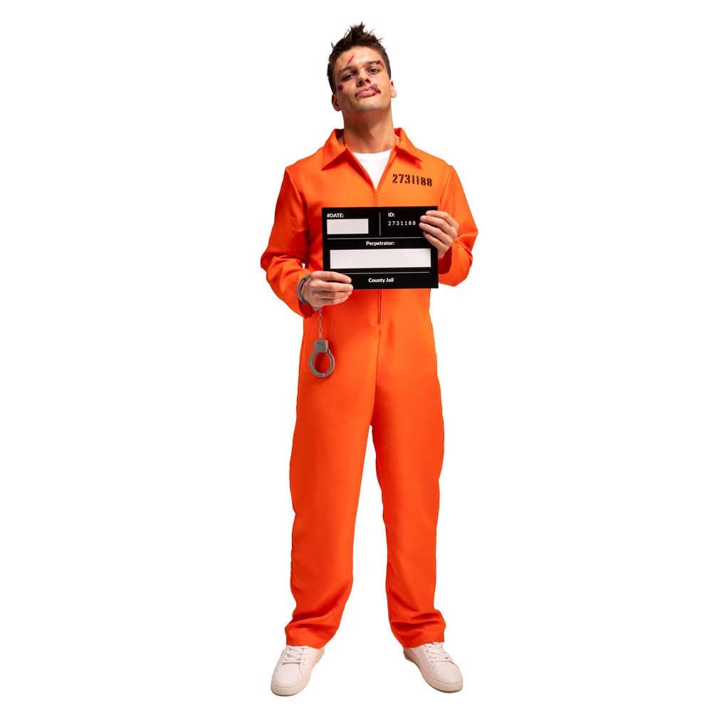 Wicked Costumes Men's Orange Convict Costume with Handcuffs & ID Board - Adult Fancy Dress