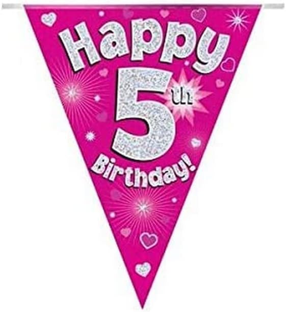 Party Bunting Happy 5th Birthday - Pink Holographic 11 Flags 3.9m