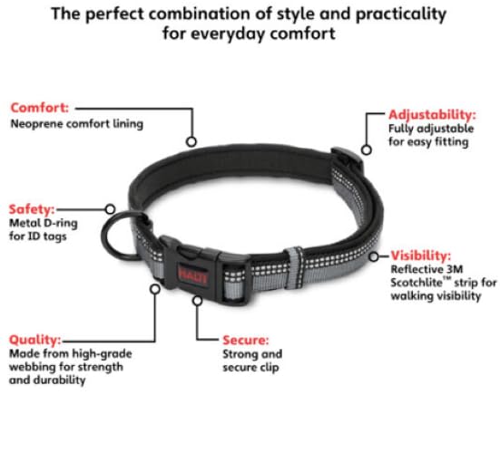 Halti Collar - Small Size Black | Reflective 3M Scotchlite | Neoprene-Padded Nylon 4