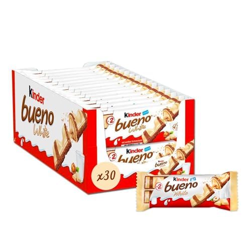 Kinder Bueno White Wafer Twin Bars, 60 Individually Wrapped Chocolate Bars, Milk Chocolate with Hazelnut Filling, Pack of 30 x 2