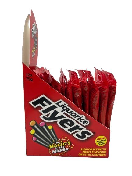 Flyers Liquorice Candy Sticks - 7 Pack x 12, Strawberry Orange Lemon Chewy Licorice Sweets with Fruit Crystal Centre 6