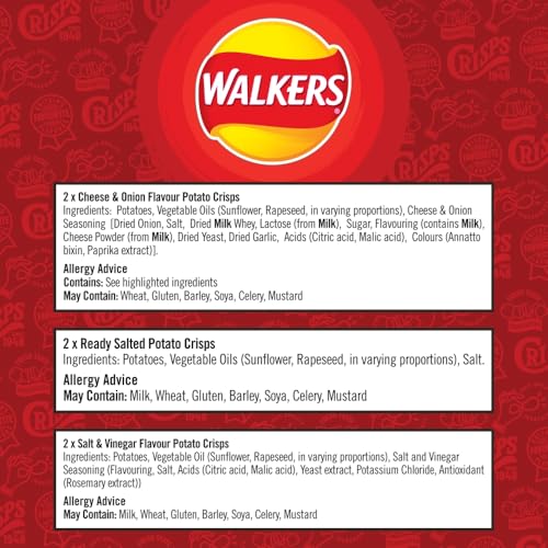 Walkers Classic Variety Crisps 6x25g Multipack - Cheese & Onion, Ready Salted, Salt & Vinegar 8