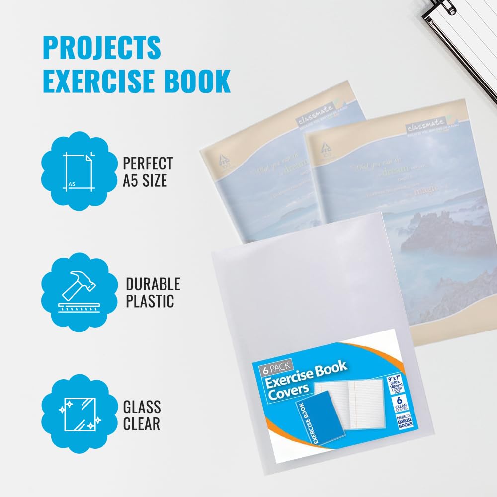1ABOVE 6 Pack Clear Plastic Exercise Book Covers - 150 Micron Strong Protection | A5/A4 Compatible 3