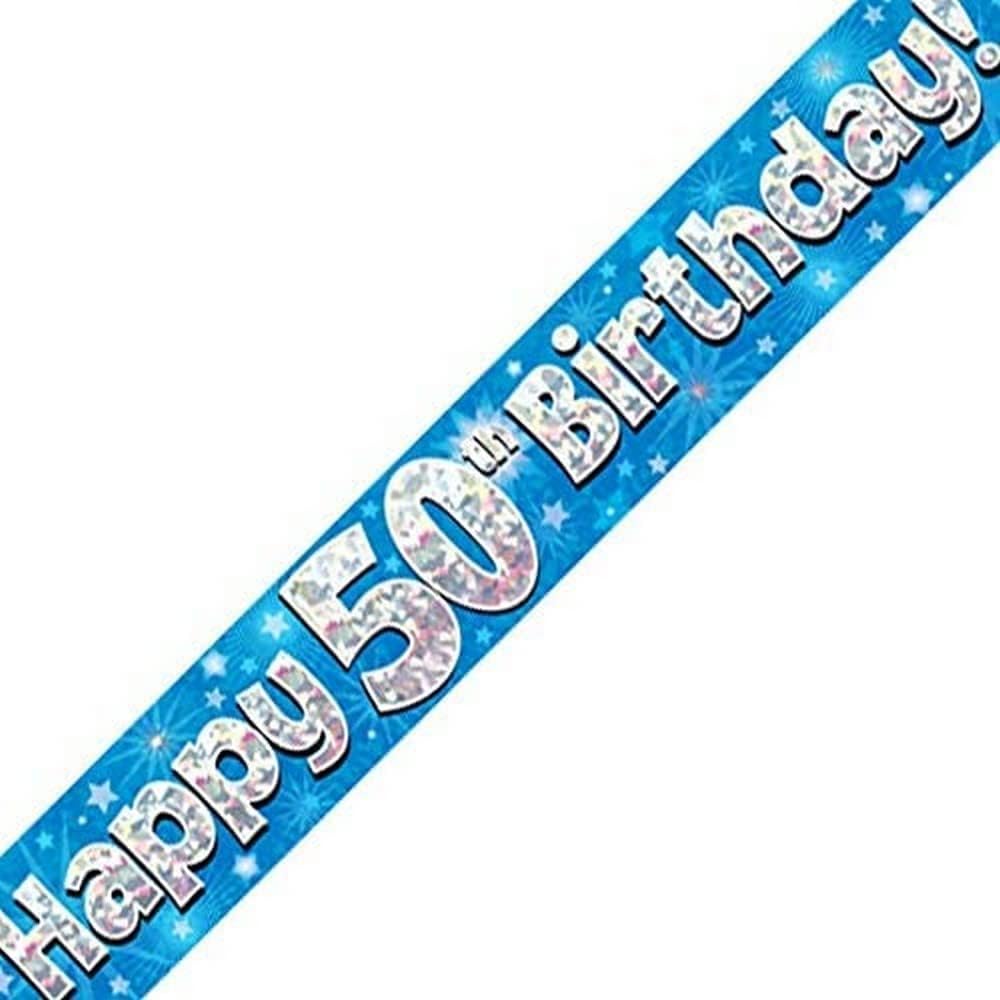 9ft Happy 50th Birthday Blue Holographic Banner - Party Decoration