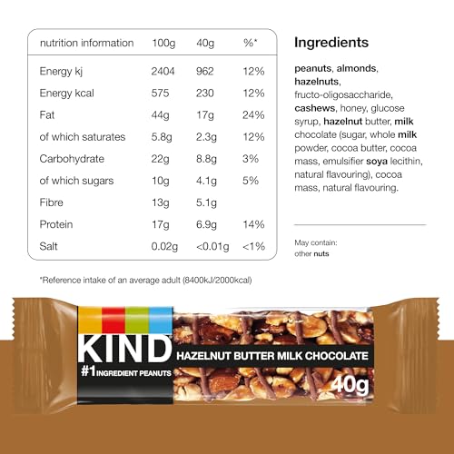 KIND Hazelnut Butter Milk Chocolate Snack Bars, Gluten Free, High Fibre, No Artificial Ingredients, 12 x 40g 4