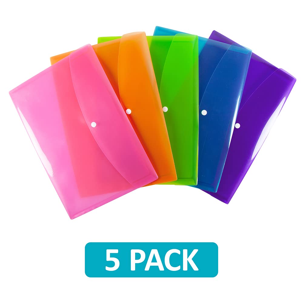 SUMMIT A4+ Plastic Popper Wallets - Assorted Colours Document Folders | Pack of 5 | Heavy Duty Polypropylene