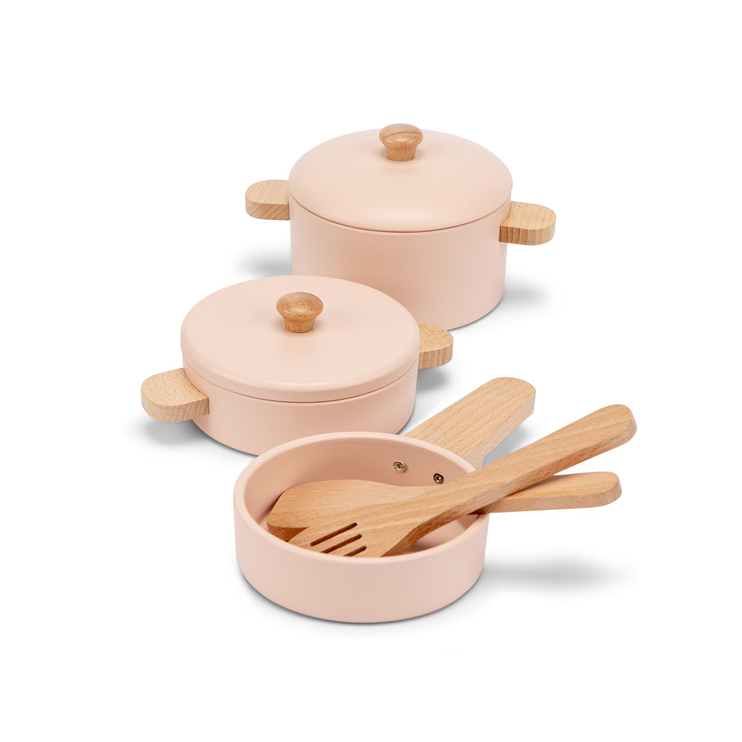 Woet Wooden Pots and Pans Set - 7-Piece FSC Wood Cookware for Toddlers 24 Months+