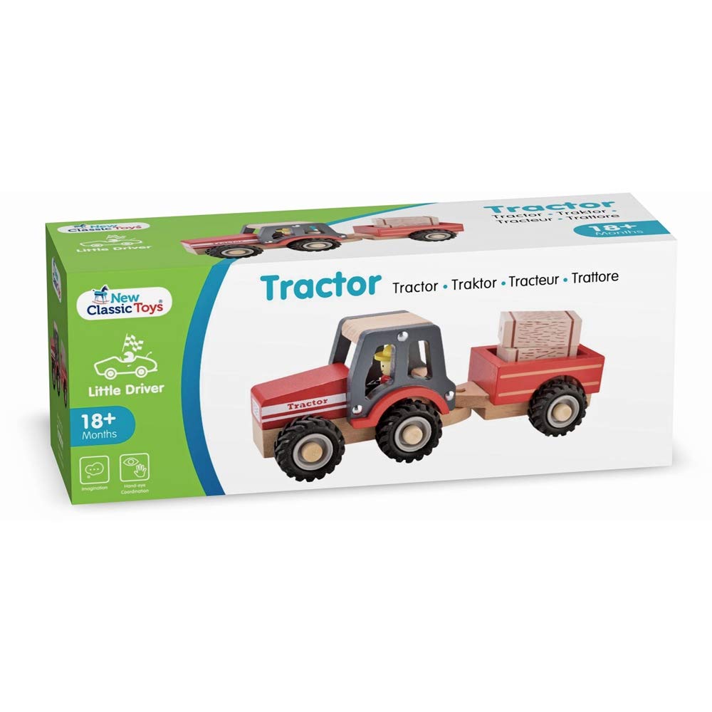 New Classic Toys Wooden Tractor with Trailer and Hay Stacks - Educational Farm Vehicle for Toddlers 18 Months+ 15