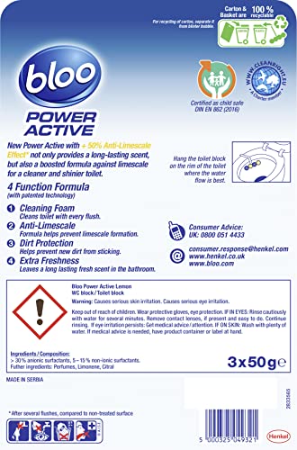 Bloo Power Active Toilet Rim Block - Lemon Scent with Anti-Limescale & Foaming Clean (150g) 7