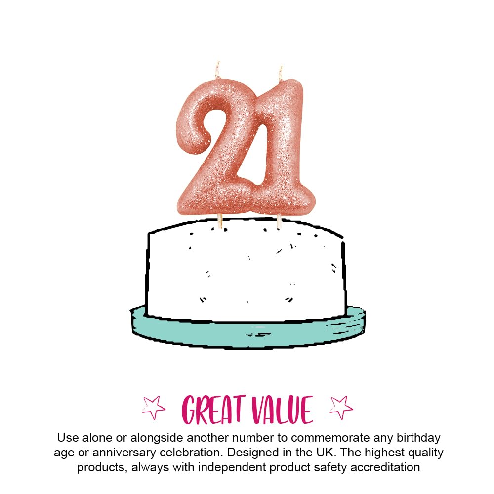 Anniversary House 21st Birthday Candle - Rose Gold Glitter Number 21 Cake Topper 3