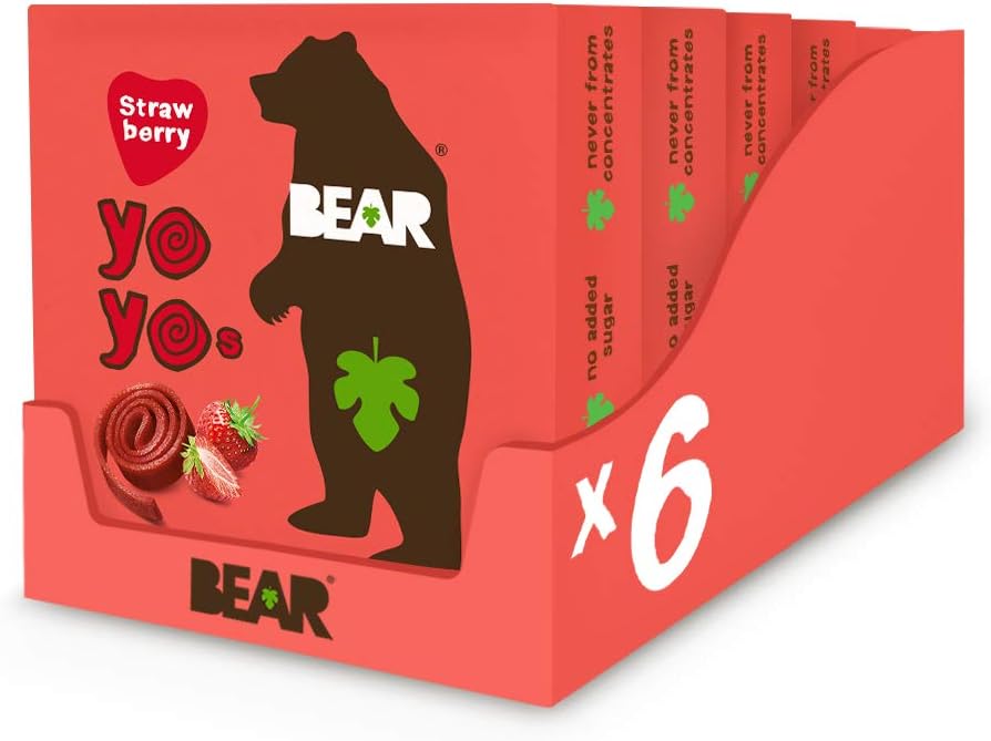 BEAR Fruit Yoyos Strawberry - 100% Fruit Rolls with Collectible Fact Cards (Pack of 6, 100g Each)