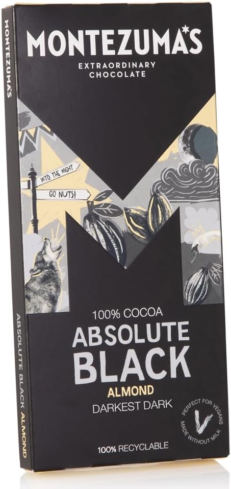 Montezuma - Absolute Black 100% Cocoa Dark Chocolate with Almonds 90g Bar