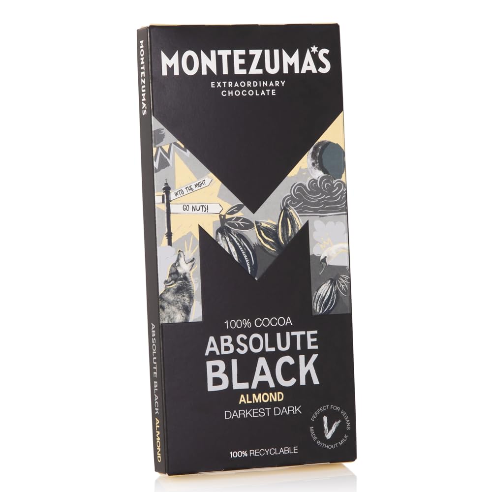 Montezuma's Absolute Black 100% Cocoa Dark Chocolate with Almonds, Gluten-Free - 2 x 90 g