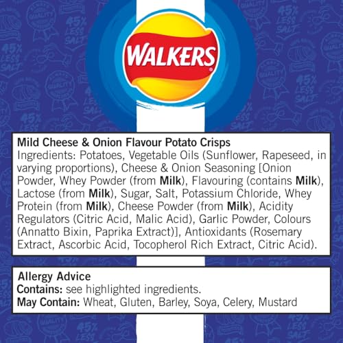 Walkers Less Salt Mild Cheese & Onion Crisps Multipack 6 x 25g 9
