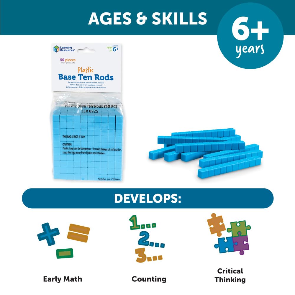 Learning Resources Grooved Plastic Base Ten Rods - Educational Math Manipulatives for Ages 6-10 8