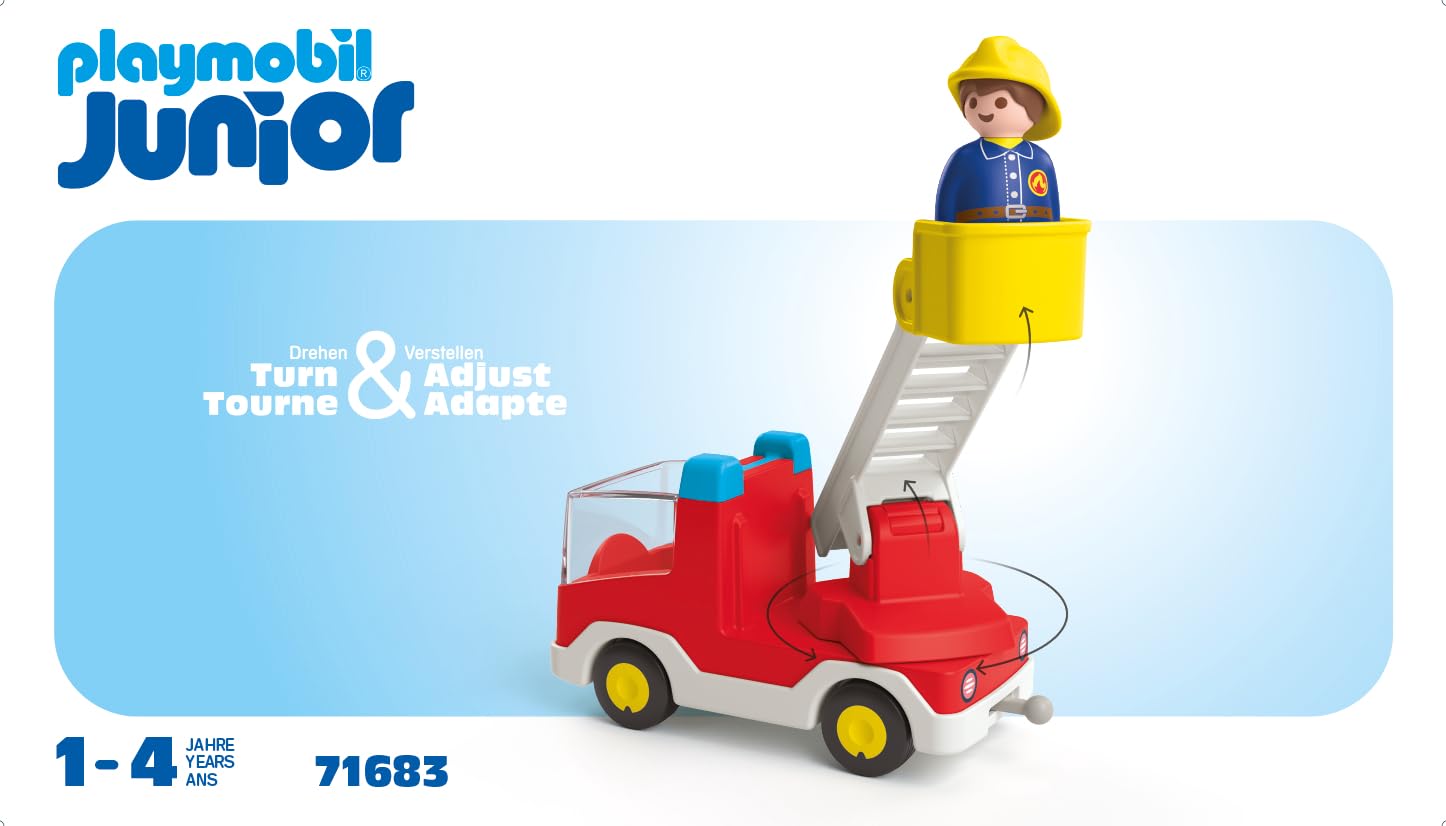 PLAYMOBIL 71683 JUNIOR Ladder Unit Fire Truck - 360° Swiveling Ladder Rescue Vehicle for Toddlers 3