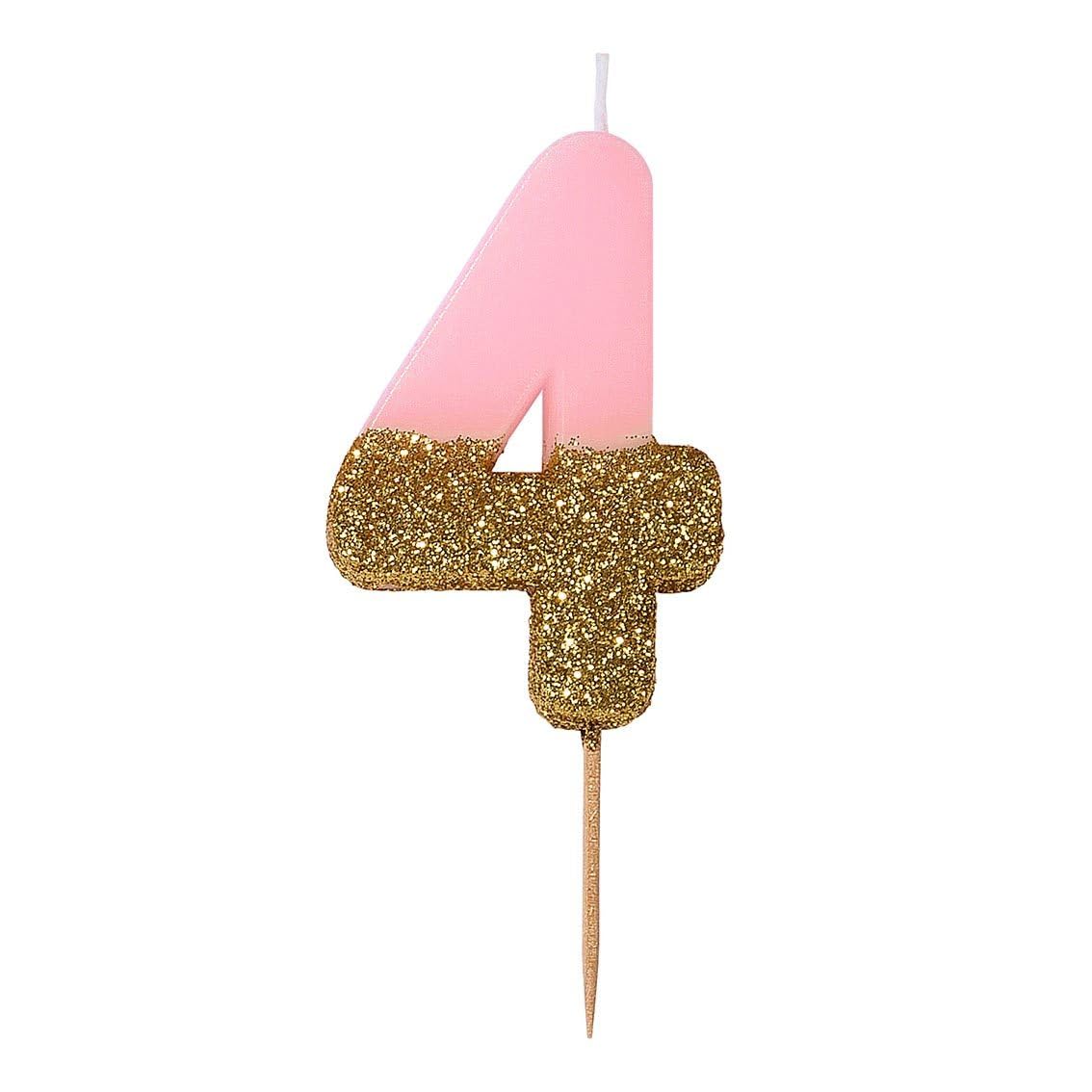 Talking Tables Pink Number 4 Candle with Gold Glitter - Birthday Cake Decoration