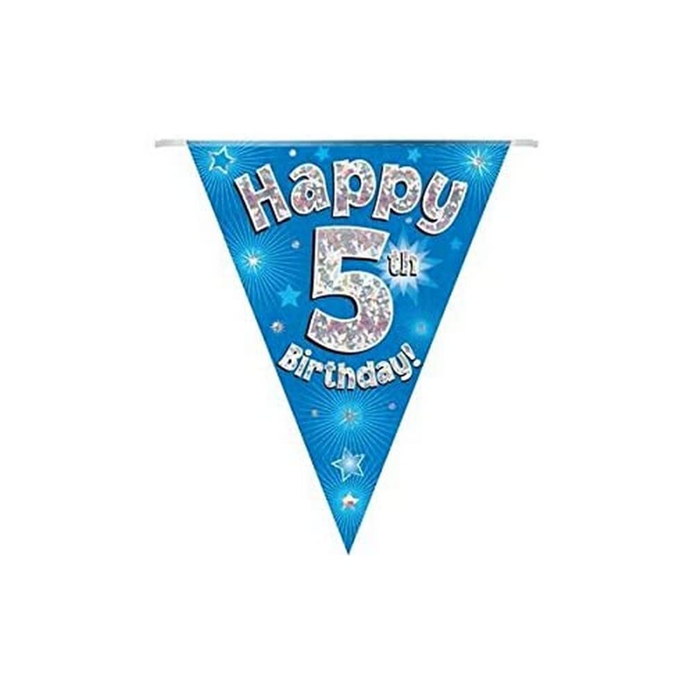 Party Bunting - Happy 5th Birthday Blue Holographic 11-Flag Banner 3.9m