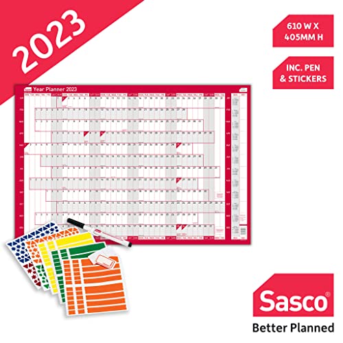 Sasco - 2023 Compact Year Wall Planner Landscape with Wet Wipe Pen & Sticker Pack Wall Calendar 3