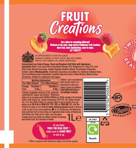 Robinsons Fruit Creations Peach & Raspberry Squash, 1L 3