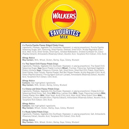 Walkers Favourites Mix Multipack Crisps 18 Pack - Cheese & Onion, Ready Salted, Paprika, Thai Sweet Chilli 6