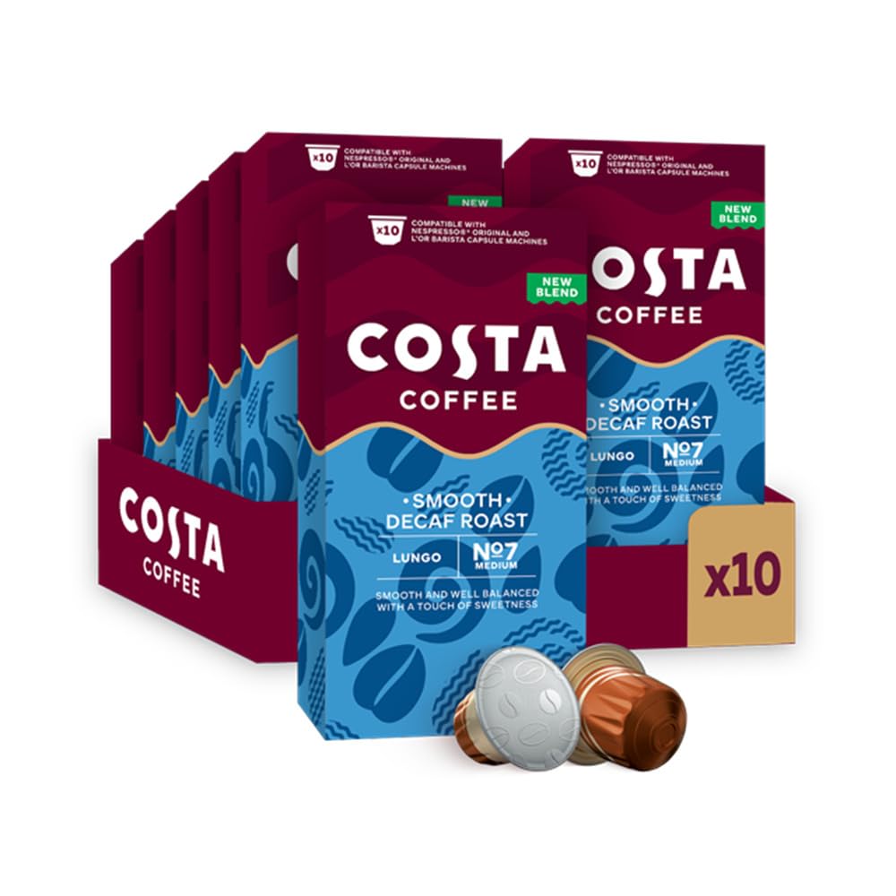 Costa Smooth Decaf Roast Aluminium Coffee Pods (Pack of 10, Total 100 Pods) - Compatible with NespressoⓇ Original & L’OR Barista Machines