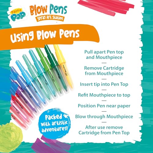Paint Pop Blow Pens Spray Art Station - 12 Pens, Multi Coloured | Quick-Drying Paint | Includes Stencils & Paper 4