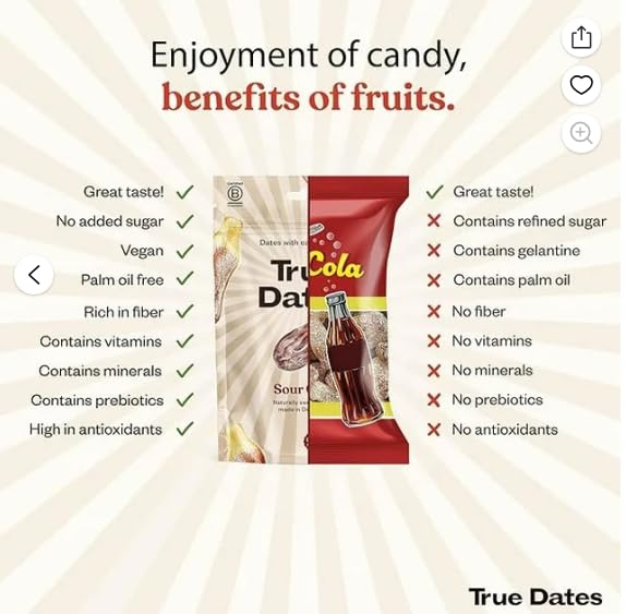 True Gum - Sour Cola True Dates Candy Coated Snack | No Added Sugar, Vegan, Palm Oil Free | 100 g