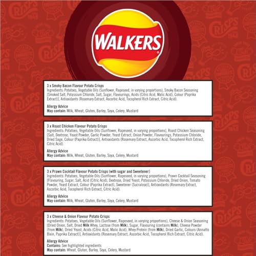 Walkers Meaty Variety Multipack Crisps 12x25g - Smoky Bacon, Roast Chicken, Prawn Cocktail, Cheese & Onion 5