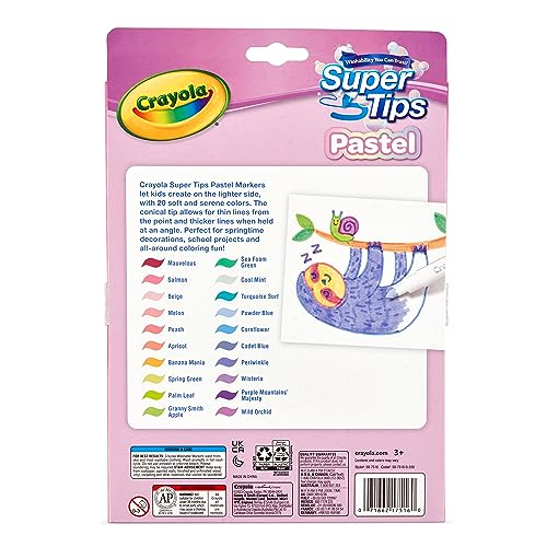 CRAYOLA Pastel SuperTips Washable Markers - 20 Count Conical Tip for Fine & Thick Strokes