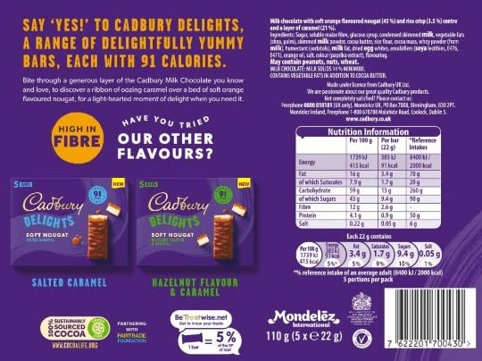 Cadbury Delights Soft Nougat Orange & Caramel Bars – Chewy Milk Chocolate Snack, 5 x 22g 3