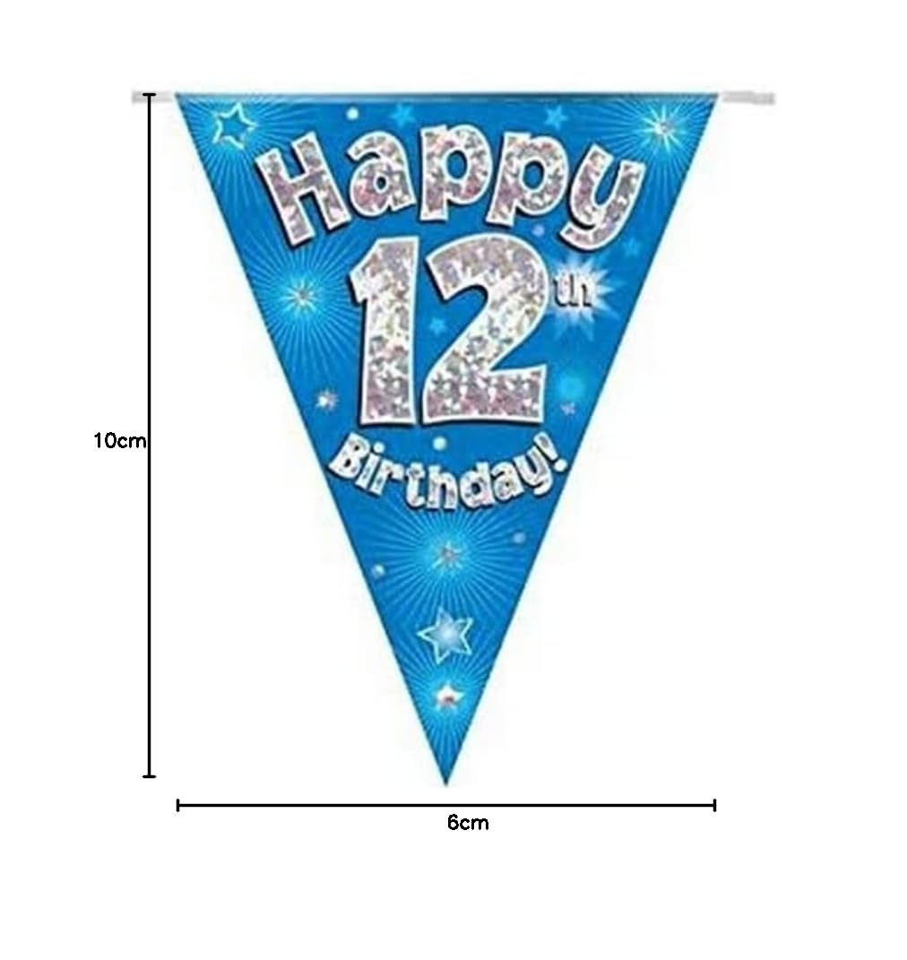 OakTree Happy 12th Birthday Bunting - Blue Holographic, 11 Flags, 3.9 m