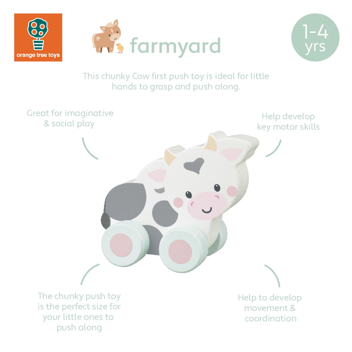 Orange Tree Toys OTT07603 Wooden Cow Push Toy - Educational Vehicle for 12 Months+ 12