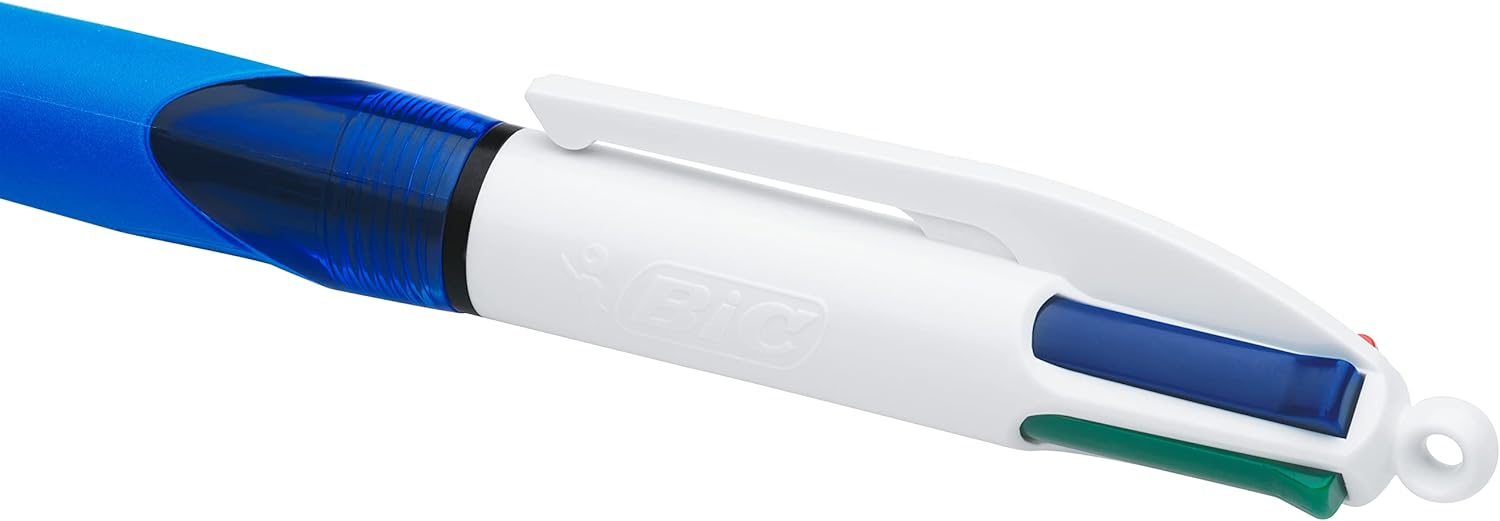BIC 4 Colours Grip Retractable Ballpoint Pens - Box of 12- Medium Point (1.0 mm) - Extra-Comfort Grip - Translucent Blue Barrel 3