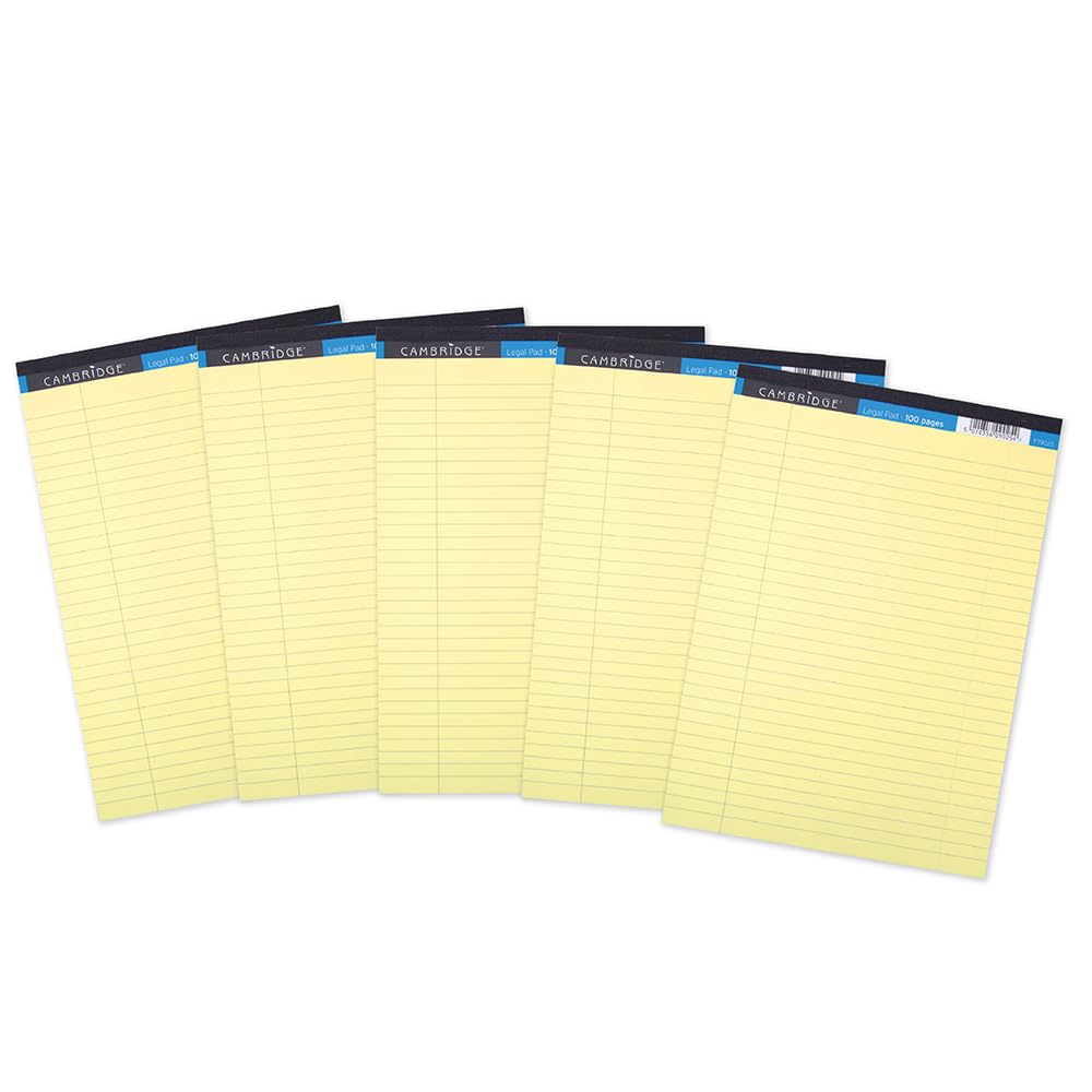 Cambridge A4 Legal Refill Pad - Yellow, 70gsm Lined with Margin | 100 Pages per Pad | Pack of 5 1