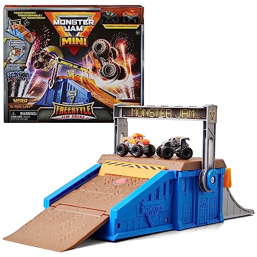 Monster Jam Mini Freestyle Flip Arena Spielset und Aufbewahrung mit 2 Mini-Trucks, Ki