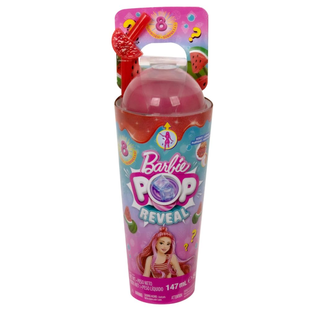 Barbie Pop Reveal Fruit Series Doll - Watermelon Crush with 8 Surprises, Slime & Color Change, Ages 3+