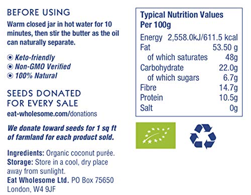 Eat Wholesome Organic Creamed Coconut Butter, 500g - 100% Natural Coconut Purée in Glass Jar 7
