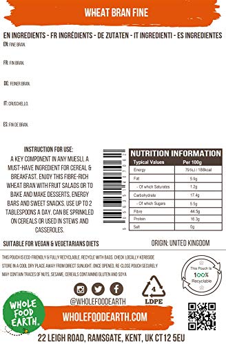Wholefood Earth Wheat Bran Fine 1 kg | GMO Free | High Fibre 5
