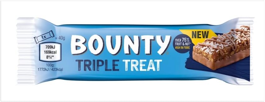 Bounty Triple Treat Fruit & Nut Chocolate Bars, Milk Chocolate Snacks with Dates, Raisins & Peanuts, 18-Pack