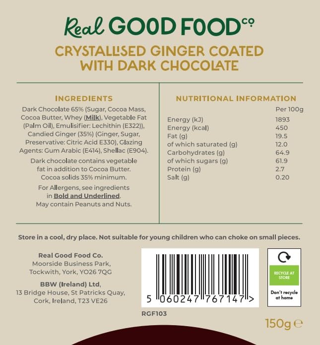 Real Good Food Co Dark Chocolate Ginger 150g Bag - Chocolate Coated Ginger Snacks 3