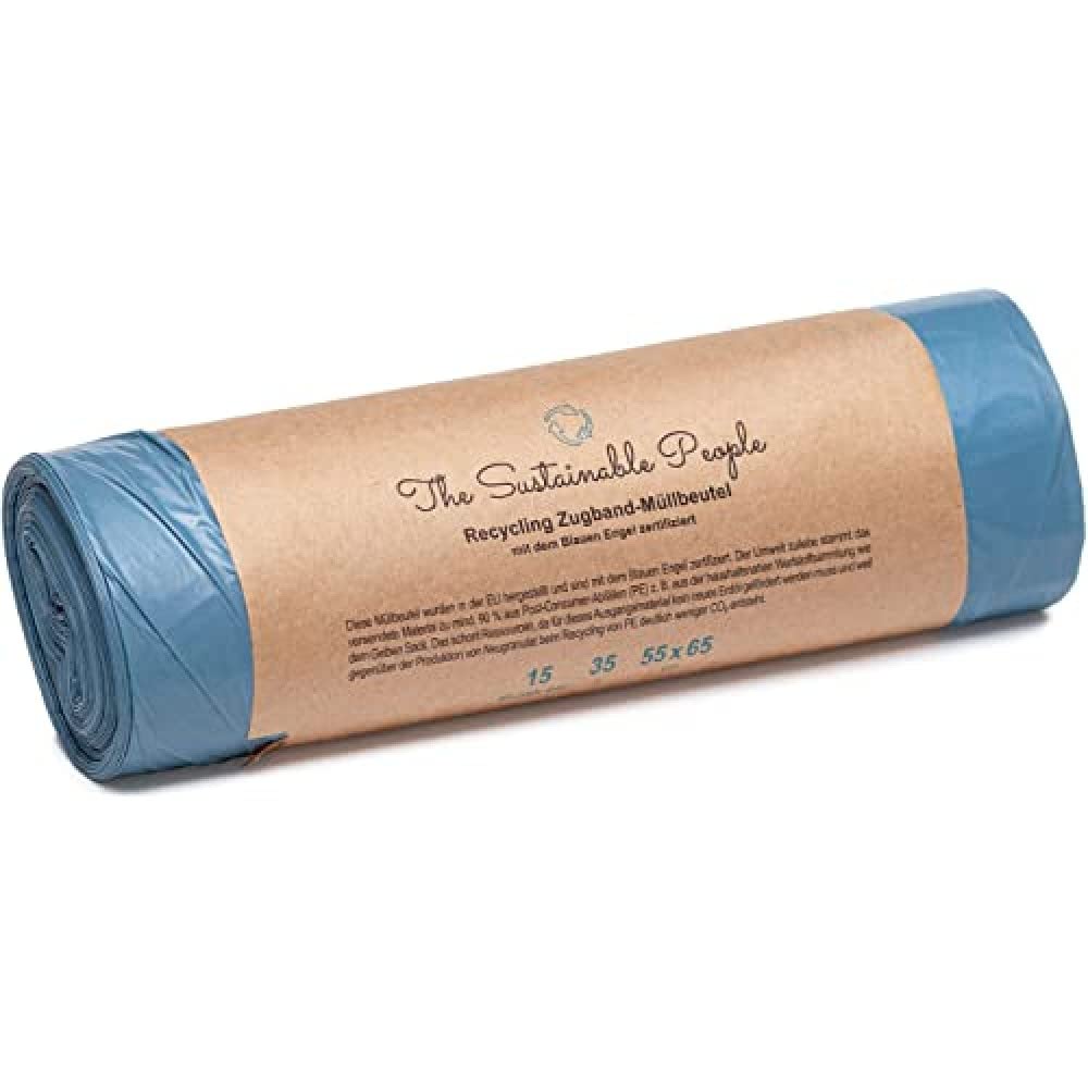TSP Recycling Drawstring Bin Liners 35 L – 15-Pack, Made from 90%+ Post-Consumer Recycled Plastic, Blue Angel Certified